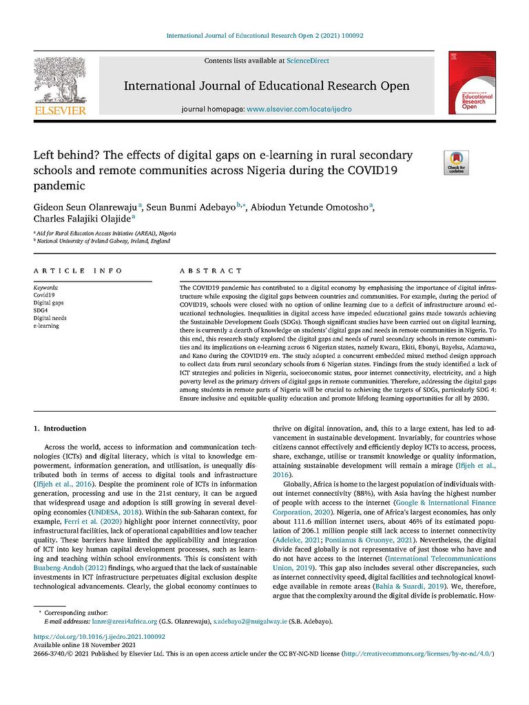 Left behind? The effects of digital gaps on e-learning in rural secondary schools and remote communities across Nigeria during the COVID19 pandemic