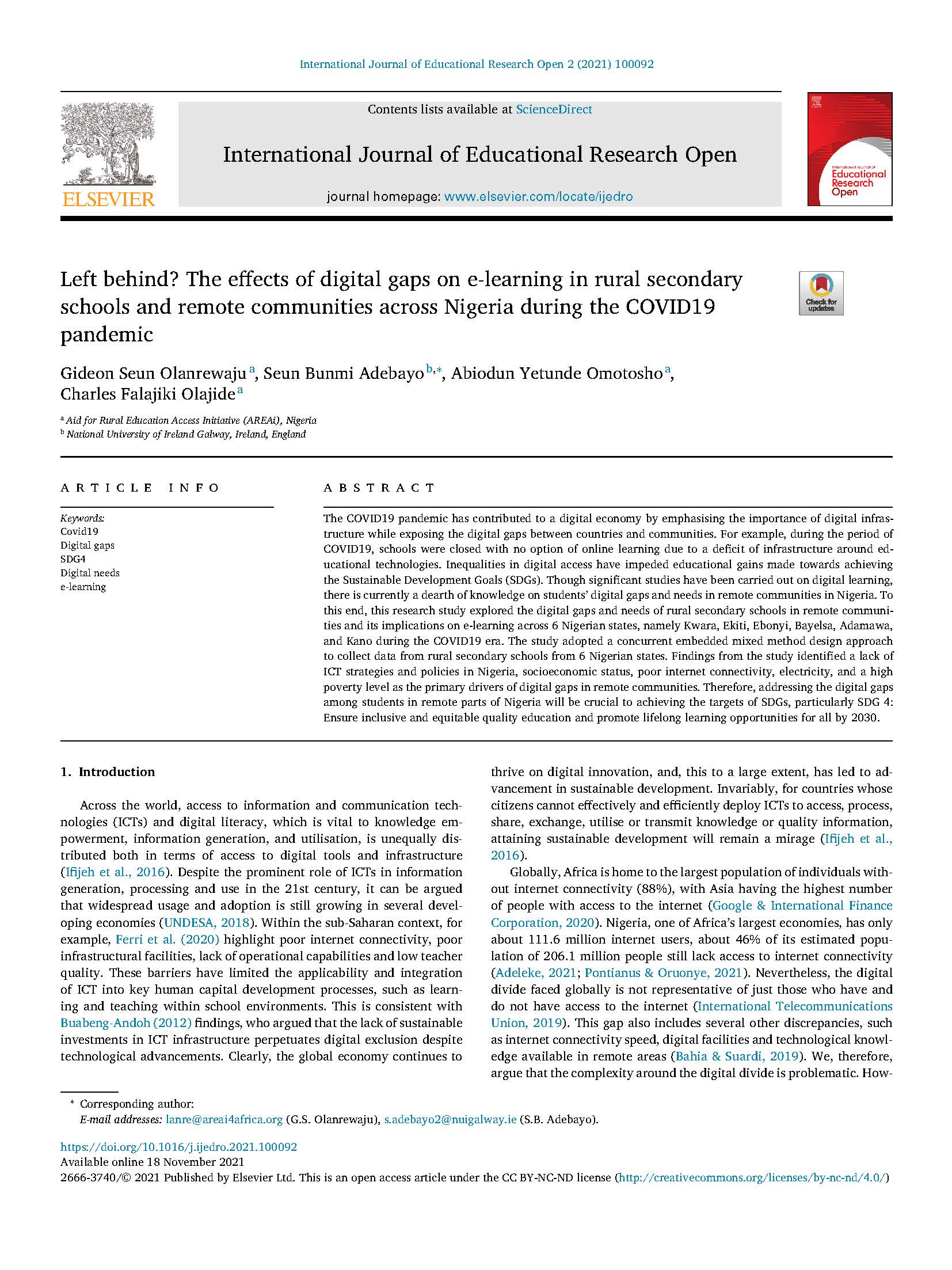Left behind? The effects of digital gaps on e-learning in rural secondary schools and remote communities across Nigeria during the COVID19 pandemic
