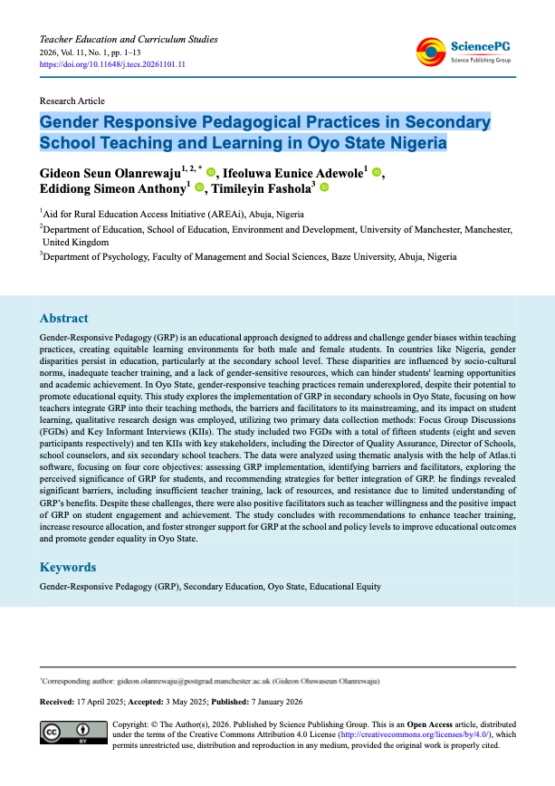 Gender Responsive Pedagogical Practices in Secondary School Teaching and Learning in Oyo State Nigeria